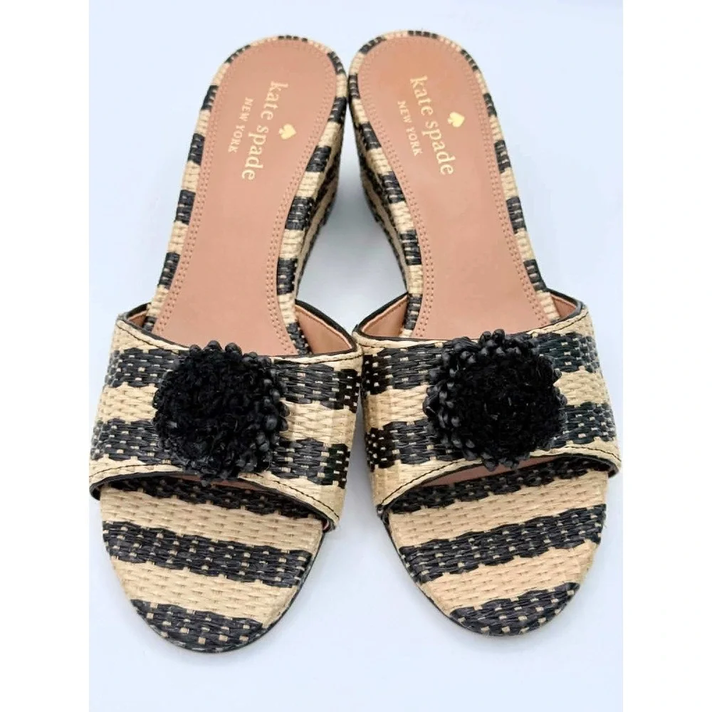 Kate Spade New York Seville Raffia Wedge Mule Sandals Black Natural Striped 7.5